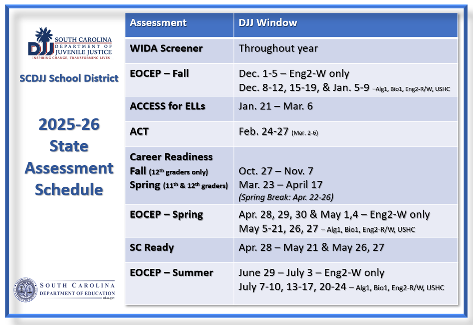 2025-26 State Assessment Schedule